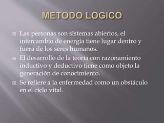  Las personas son sistemas abiertos, el
intercambio de energía tiene lugar dentro y
fuera de los seres humanos.
 El desarrollo de la teoría con razonamiento
inductivo y deductivo tiene como objeto la
generación de conocimiento.
 Se refiere a la enfermedad como un obstáculo
en el ciclo vital.
 
