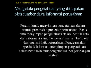 BAB 4. PENGGUNA DAN PENGEMBANGAN SISTEM

Mengelola pengetahuan yang ditunjukan
oleh sumber daya informasi perusahaan
Peranti lunak menyimpan pengetahuan dalam
bentuk proses dan prosedur perusahaan. Basis
data menyimpan pengetahuan dalam bentuk data
dan informasi yang mencerminkan sumber daya
dan operasi fisik perusahaan. Pengguna dan
spesialis informasi menyimpan pengetahuan
dalam bentuk-bentuk pengetahuan pengembangan
sistem.
25

 