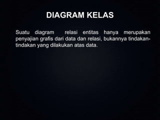 DIAGRAM KELAS
Suatu diagram
relasi entitas hanya merupakan
penyajian grafis dari data dan relasi, bukannya tindakantindakan yang dilakukan atas data.

 