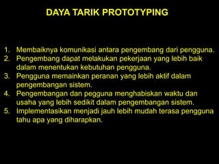 DAYA TARIK PROTOTYPING

1. Membaiknya komunikasi antara pengembang dari pengguna.
2. Pengembang dapat melakukan pekerjaan yang lebih baik
dalam menentukan kebutuhan pengguna.
3. Pengguna memainkan peranan yang lebih aktif dalam
pengembangan sistem.
4. Pengembangan dan pegguna menghabiskan waktu dan
usaha yang lebih sedikit dalam pengembangan sistem.
5. Implementasikan menjadi jauh lebih mudah terasa pengguna
tahu apa yang diharapkan.

 