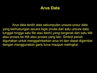 Arus Data

Arus data terdiri atas sekumpulan unsure-unsur data
yang berhubungan secara logis (mulai dari satu unsure data
tunggal hingga satu file atau lebih) yang bergerak dari satu titik
atau proses ke titik atau proses yang lain. Simbol panah
digunakan untuk menggambarkan arus ini dan dapat digambar
dengan menggunakan garis lurus maupun melingkar.

 