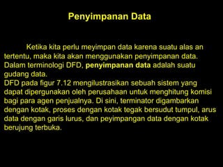 Penyimpanan Data
Ketika kita perlu meyimpan data karena suatu alas an
tertentu, maka kita akan menggunakan penyimpanan data.
Dalam terminologi DFD, penyimpanan data adalah suatu
gudang data.
DFD pada figur 7.12 mengilustrasikan sebuah sistem yang
dapat dipergunakan oleh perusahaan untuk menghitung komisi
bagi para agen penjualnya. Di sini, terminator digambarkan
dengan kotak, proses dengan kotak tegak bersudut tumpul, arus
data dengan garis lurus, dan peyimpangan data dengan kotak
berujung terbuka.

 