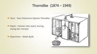 Thorndike (1874 – 1949)
 Teori : Teori Pelaziman Operan Thondike
 Kajian : Haiwan iaitu ayam, kucing,
anjing dan monyet
 Ekperimen : Kotak Ajaib
 