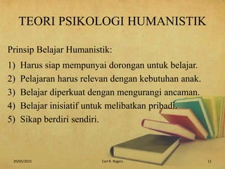 TEORI PSIKOLOGI HUMANISTIK
Prinsip Belajar Humanistik:
1) Harus siap mempunyai dorongan untuk belajar.
2) Pelajaran harus relevan dengan kebutuhan anak.
3) Belajar diperkuat dengan mengurangi ancaman.
4) Belajar inisiatif untuk melibatkan pribadi.
5) Sikap berdiri sendiri.
20/05/2015 11Carl R. Rogers
 