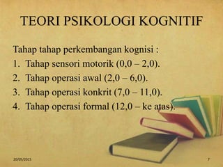 TEORI PSIKOLOGI KOGNITIF
Tahap tahap perkembangan kognisi :
1. Tahap sensori motorik (0,0 – 2,0).
2. Tahap operasi awal (2,0 – 6,0).
3. Tahap operasi konkrit (7,0 – 11,0).
4. Tahap operasi formal (12,0 – ke atas).
20/05/2015 7
 