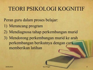 TEORI PSIKOLOGI KOGNITIF
Peran guru dalam proses belajar:
1) Merancang program
2) Mendiagnosa tahap perkembangan murid
3) Mendorong perkembangan murid ke arah
perkembangan berikutnya dengan cara
memberikan latihan
20/05/2015 8Teori Piaget
 