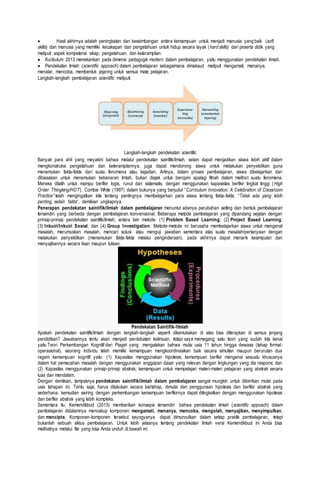  Hasil akhirnya adalah peningkatan dan keseimbangan antara kemampuan untuk menjadi manusia yang baik (soft 
skills) dan manusia yang memiliki kecakapan dan pengetahuan untuk hidup secara layak (hard skills) dari peserta didik yang 
meliputi aspek kompetensi sikap, pengetahuan, dan keterampilan. 
 Kurikulum 2013 menekankan pada dimensi pedagogik modern dalam pembelajaran, yaitu menggunakan pendekatan ilmiah. 
 Pendekatan ilmiah (scientific appoach) dalam pembelajaran sebagaimana dimaksud meliputi mengamati, menanya, 
menalar, mencoba, membentuk jejaring untuk semua mata pelajaran. 
Langkah-langkah pembelajaran scientific meliputi: 
Langkah-langkah pendekatan scientific 
Banyak para ahli yang meyakini bahwa melalui pendekatan saintifik/ilmiah, selain dapat menjadikan siswa lebih aktif dalam 
mengkonstruksi pengetahuan dan keterampilannya, juga dapat mendorong siswa untuk melakukan penyelidikan guna 
menemukan fakta-fakta dari suatu fenomena atau kejadian. Artinya, dalam proses pembelajaran, siswa dibelajarkan dan 
dibiasakan untuk menemukan kebenaran ilmiah, bukan diajak untuk beropini apalagi fitnah dalam melihat suatu fenomena. 
Mereka dilatih untuk mampu berfikir logis, runut dan sistematis, dengan menggunakan kapasistas berfikir tingkat tinggi (High 
Order Thingking/HOT). Combie White (1997) dalam bukunya yang berjudul “Curriculum Innovation; A Celebration of Classroom 
Practice” telah mengingatkan kita tentang pentingnya membelajarkan para siswa tentang fakta-fakta. “Tidak ada yang lebih 
penting, selain fakta“, demikian ungkapnya. 
Penerapan pendekatan saintifik/ilmiah dalam pembelajaran menuntut adanya perubahan setting dan bentuk pembelajaran 
tersendiri yang berbeda dengan pembelajaran konvensional. Beberapa metode pembelajaran yang dipandang sejalan dengan 
prinsip-prinsip pendekatan saintifik/ilmiah, antara lain metode: (1) Problem Based Learning; (2) Project Based Learning; 
(3) Inkuiri/Inkuiri Sosial; dan (4) Group Investigation. Metode-metode ini berusaha membelajarkan siswa untuk mengenal 
masalah, merumuskan masalah, mencari solusi atau menguji jawaban sementara atas suatu masalah/pertanyaan dengan 
melakukan penyelidikan (menemukan fakta-fakta melalui penginderaan), pada akhirnya dapat menarik kesimpulan dan 
menyajikannya secara lisan maupun tulisan. 
Pendekatan Saintifik-Ilmiah 
Apakah pendekatan saintifik/ilmiah dengan langkah-langkah seperti dikemukakan di atas bisa diterapkan di semua jenjang 
pendidikan? Jawabannya tentu akan menjadi perdebatan keilmuan, tetapi saya memegang satu teori yang sudah kita kenal 
yaitu Teori Perkembangan Kognitif dari Piaget yang mengatakan bahwa mulai usia 11 tahun hingga dewasa (tahap formal-operasional), 
seorang individu telah memiliki kemampuan mengkoordinasikan baik secara simultan maupun berurutan dua 
ragam kemampuan kognitif yaitu: (1) Kapasitas menggunakan hipotesis; kemampuan berfikir mengenai sesuatu khususnya 
dalam hal pemecahan masalah dengan menggunakan anggapan dasar yang relevan dengan lingkungan yang dia respons; dan 
(2) Kapasitas menggunakan prinsip-prinsip abstrak; kemampuan untuk mempelajari materi-materi pelajaran yang abstrak secara 
luas dan mendalam. 
Dengan demikian, tampaknya pendekatan saintifik/ilmiah dalam pembelajaran sangat mungkin untuk diberikan mulai pada 
usia tahapan ini. Tentu saja, harus dilakukan secara bertahap, dimulai dari penggunaan hipotesis dan berfikir abstrak yang 
sederhana, kemudian seiring dengan perkembangan kemampuan berfikirnya dapat ditingkatkan dengan menggunakan hipotesis 
dan berfikir abstrak yang lebih kompleks. 
Sementara itu, Kemendikbud (2013) memberikan konsepsi tersendiri bahwa pendekatan ilmiah (scientific appoach) dalam 
pembelajaran didalamnya mencakup komponen: mengamati, menanya, mencoba, mengolah, menyajikan, menyimpulkan, 
dan mencipta. Komponen-komponen tersebut seyogyanya dapat dimunculkan dalam setiap praktik pembelajaran, tetapi 
bukanlah sebuah siklus pembelajaran. Untuk lebih jelasnya tentang pendekatan ilmiah versi Kemendikbud ini Anda bisa 
melihatnya melalui file yang bisa Anda unduh di bawah ini: 
