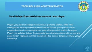 TEORI BELAJAR KONSTRUKTIVISTIK
Teori Belajar Konstruktivisme menurut Jean piaget
Piaget yang dikenal sebagai konstruktivis pertama (Dahar, 1989: 159)
menegaskan bahwa penekanan teori kontruktivisme pada proses untuk
menemukan teori atau pengetahuan yang dibangun dari realitas lapangan.
Piaget menyatakan bahwa ilmu pengetahuan dibangun dalam pikiran seorang
anak dengan kegiatan asimilasi dan akomodasi sesuai dengan skemata yang
dimilikinya.
 