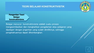 TEORI BELAJAR KONSTRUKTIVISTIK
NEGARA MAJU
Pengertian Teori
Belajar
konstruktivisme
Belajar menurut konstruktivisme adalah suatu proses
mengasimilasikan dan mengkaitkan pengalaman atau pelajaran yang
dipelajari dengan pngertian yang sudah dimilikinya, sehingga
pengetahuannya dapat dikembangkan.
 