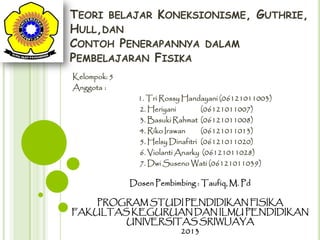 TEORI BELAJAR KONEKSIONISME, GUTHRIE,
HULL,DAN
CONTOH PENERAPANNYA DALAM
PEMBELAJARAN FISIKA
Kelompok: 5
Anggota :

1. Tri...