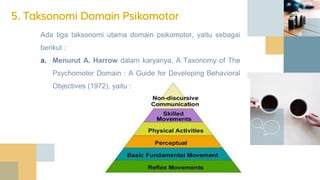 Ada tiga taksonomi utama domain psikomotor, yaitu sebagai
berikut :
a. Menurut A. Harrow dalam karyanya, A Taxonomy of The
Psychomotor Domain : A Guide for Developing Behavioral
Objectives (1972), yaitu :
5. Taksonomi Domain Psikomotor
 
