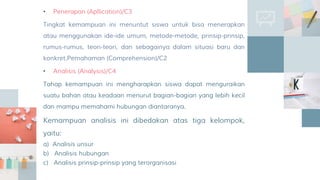 • Penerapan (Apllication)/C3
Tingkat kemampuan ini menuntut siswa untuk bisa menerapkan
atau menggunakan ide-ide umum, metode-metode, prinsip-prinsip,
rumus-rumus, teori-teori, dan sebagainya dalam situasi baru dan
konkret.Pemahaman (Comprehension)/C2
• Analisis (Analysis)/C4
Tahap kemampuan ini mengharapkan siswa dapat menguraikan
suatu bahan atau keadaan menurut bagian-bagian yang lebih kecil
dan mampu memahami hubungan diantaranya.
Kemampuan analisis ini dibedakan atas tiga kelompok,
yaitu:
a) Analisis unsur
b) Analisis hubungan
c) Analisis prinsip-prinsip yang terorganisasi
 