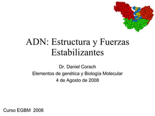 ADN: Estructura y Fuerzas Estabilizantes Curso EGBM  2008 Dr. Daniel Corach Elementos de genética y Biología Molecular 4 de Agosto de 2008 