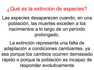 ¿Qué es la extinción de especies?
Las especies desaparecen cuando, en una
población, las muertes exceden a los
nacimientos a lo largo de un período
prolongado.
La extinción representa una falta de
adaptación a condiciones cambiantes, ya
sea porque los cambios ocurren demasiado
rápido o porque la población es incapaz de
responder evolutivamente
 