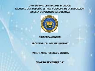 UNIVERSIDAD CENTRAL DEL ECUADOR
FACULTAD DE FILOSOFÍA, LETRAS Y CIENCIAS DE LA EDUCACIÓN
ESCUELA DE PSICOLOGIA EDUCATIVA

DIDACTICA GENERAL
PROFESOR: DR. ORESTES JIMENEZ

TALLER: ARTE, TECNICA O CIENCIA

CUARTO SEMESTRE “A”

 