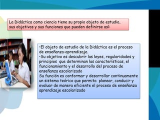 La Didáctica como ciencia tiene su propio objeto de estudio,
sus objetivos y sus funciones que pueden definirse así:

•El objeto de estudio de la Didáctica es el proceso
de enseñanza-aprendizaje.
•Su objetivo es descubrir las leyes, regularidades y
principios que determinan las características, el
funcionamiento y el desarrollo del proceso de
enseñanza escolarizado
Su función es conformar y desarrollar continuamente
un sistema teórico que permita planear, conducir y
evaluar de manera eficiente el proceso de enseñanza
aprendizaje escolarizado

 