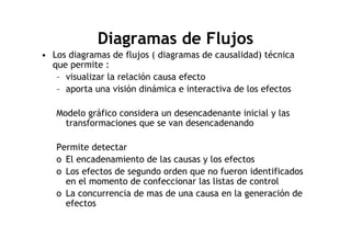 Diagramas de Flujos
• Los diagramas de flujos ( diagramas de causalidad) técnica
  que permite :
   – visualizar la relación causa efecto
   – aporta una visión dinámica e interactiva de los efectos

   Modelo gráfico considera un desencadenante inicial y las
     transformaciones que se van desencadenando

   Permite detectar
   o El encadenamiento de las causas y los efectos
   o Los efectos de segundo orden que no fueron identificados
     en el momento de confeccionar las listas de control
   o La concurrencia de mas de una causa en la generación de
     efectos
 