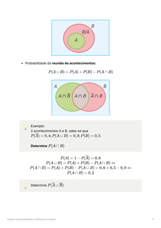 Espaços de probabilidades e Definição de Laplace 6
Probabilidade da reunião de acontecimentos:
💡 Exemplo:
2 acontecimentos A e B, sabe-se que
﻿
Determine ﻿
💡 Determine ﻿
P(A ∪ B) = P(A) + P(B) − P(A ∩ B)
P( ) =
A 0,4;P(A ∪ B) = 0,9;P(B) = 0,5
P(A ∩ B)
P(A) = 1 − P( ) =
A 0,6
P(A ∪ B) = P(A) + P(B) − P(A ∩ B) ⇔
P(A ∩ B) = P(A) + P(B) − P(A ∪ B) = 0,6 + 0,5 − 0,9 ⇔
P(A ∩ B) = 0,2
P( ∪
A )
B
 