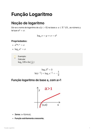 Função Logaritmo 1
Função Logaritmo
Noção de logaritmo
Dá-se o nome de logaritmo de ﻿na base a ﻿
{1} , ao número y
tal que ﻿
:
Propriedades:
﻿
﻿
💡 Exemplo:
Calcular
﻿e ﻿
Função logaritmo de base a, com a>1
Zeros: x=1(único);
Função estritamente crescente;
x(x > 0) a ∈ R+
a =
y
x
log ​ x =
a y ↔ x = ay
a =
log ​ x
a x
log a =
a
x
x
log ​ 125
5 ln( ​ )
​
e
1
log ​ 5 =
5
3
3
ln(e ) =
− ​
2
1
log ​
e =
e
− ​
2
1
− ​
2
1
 