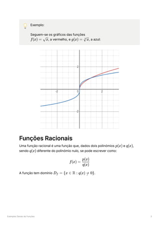 Exemplos Gerais de Funções 3
💡 Exemplo:
Seguem-se os gráficos das funções
﻿
, a vermelho, e ﻿
, a azul:
Funções Racionais
Uma função racional é uma função que, dados dois polinómios ﻿e ﻿
,
sendo ﻿diferente do polinómio nulo, se pode escrever como:
A função tem domínio ﻿
.
f(x) = ​
x g(x) = ​
3
x
p(x) q(x)
q(x)
f(x) = ​
q(x)
p(x)
D ​ =
f {x ∈ R : q(x) =
 0}
 
