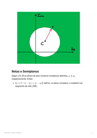 Domínios no Plano Complexo 3
Retas e Semiplanos
Sejam ﻿e ﻿os afixos de dois números complexos distintos, ﻿e ﻿
,
respetivamente. Então:
﻿define, no plano complexo, a mediatriz do
segmento de reta ﻿
.
A B z ​
1 z ​
2
{z ∈ C : ∣z − z ​
∣ =
1 ∣z − z ​
∣}
2
[AB]
 