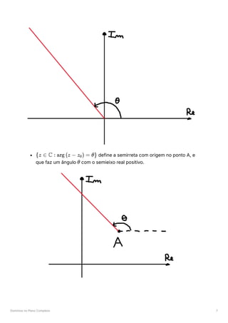 Domínios no Plano Complexo 7
﻿define a semirreta com origem no ponto A, e
que faz um ângulo ﻿com o semieixo real positivo.
{z ∈ C : arg (z − z ) =
0 θ}
θ
 