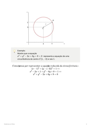 Distâncias no Plano 4
💡 Exemplo:
Mostre que a equação
﻿ representa a equação de uma
circunferência de centro ﻿e raio ﻿
.
x +
2
y −
2
2x + 6y + 9 = 0
C(1,−3) 1
Come ​
amos por representar a equa ​ o reduzida da circunfer ncia :
c
c c
c
a
~ e
^
(x − 1) +
2
(y − (−3)) =
2
1 ↔
x −
2
2x + 1 + y −
2
6y + 9 = 1 ↔
x +
2
y −
2
2x + 6y + 9 = 0
 