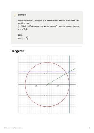 A Circunferência Trigonométrica 4
💡 Exemplo:
No esboço acima, o ângulo que a reta verde faz com o semieixo real
positivo é de
﻿
. É fácil verificar que a reta verde cruza ﻿num ponto com abcissa
﻿
.
Logo,
﻿
Tangente
​
6
π
S ​
1
c = ​
/2
3
cos ​
=
6
π
​
2
​
3
 
