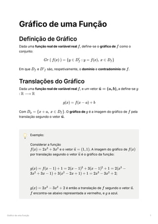 Gráfico de uma Função 1
Gráfico de uma Função
Definição de Gráfico
Dada uma função real de variável real ﻿
, define-se o gráfico de ﻿como o
conjunto:
Em que ﻿e ﻿são, respetivamente, o domínio e contradomínio de ﻿
.
Translações do Gráfico
Dada uma função real de variável real ﻿
, e um vetor ﻿
, a define-se
: ﻿
Com ﻿
. O gráfico de ﻿é a imagem do gráfico de ﻿pela
translação segundo o vetor ﻿
.
💡 Exemplo:
Considerar a função
﻿e o vetor ﻿A imagem do gráfico de ﻿
por translação segundo o vetor ﻿é o gráfico da função:
﻿
;
﻿é então a translação de ﻿segundo o vetor ﻿
.
﻿encontra-se abaixo representada a vermelho, e ﻿a azul.
f f
Gr ( f(x) ) = {y ∈ D ​ :
f
′
y = f(x), x ∈ D ​
}
f
D ​
f D’ ​
f f
f = (a, b)
u g
R ⟶ R
g(x) = f(x − a) + b
D ​
=
g {x + a, x ∈ D ​
}
f g f
u
f(x) = 2x +
3
3x2
=
u (1,1). f(x)
u
g(x) = f(x − 1) + 1 = 2(x − 1) +
3
3(x − 1) +
2
1 = 2(x −
3
3x +
2
3x − 1) + 3(x −
2
2x + 1) + 1 = 2x −
3
3x +
2
2
g(x) = 2x −
3
3x +
2
2 f u
f g
 