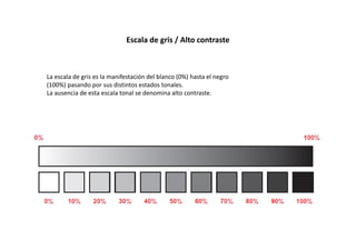 Escala de gris / Alto contraste
La escala de gris es la manifestación del blanco (0%) hasta el negro
(100%) pasando por sus distintos estados tonales.
La ausencia de esta escala tonal se denomina alto contraste.
 