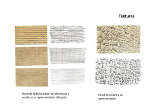 Texturas
Muro de ladrillo a diversas distancias y
escalas y su representación dibujada
Pared de piedra y su
representación
 