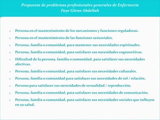 Propuesta de problemas profesionales generales de Enfermería
Faye Glenn Abdellah
 Persona en el mantenimiento de los mecanismos y funciones reguladoras.
 Persona en el mantenimiento de las funciones sensoriales.
 Persona, familia o comunidad, para mantener sus necesidades espirituales.
 Persona, familia o comunidad, para satisfacer sus necesidades cognoscitivas.
 Dificultad de la persona, familia o comunidad, para satisfacer sus necesidades
afectivas.
 Persona, familia o comunidad, para satisfacer sus necesidades culturales.
 Persona, familia o comunidad para satisfacer sus necesidades de rol / relación.
 Persona para satisfacer sus necesidades de sexualidad / reproducción.
 Persona, familia o comunidad, para satisfacer sus necesidades de comunicación.
 Persona, familia o comunidad, para satisfacer sus necesidades sociales que influyen
en su salud.
 