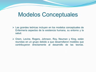 Modelos Conceptuales
 Las grandes teóricas incluyen en los modelos conceptuales de
Enfermería aspectos de la existencia humana, su entorno y la
salud.
 Orem, Levine, Rogers, Johnson, Roy, Neuman y King, están
reunidas en un grupo debido a que desarrollaron modelos que
contribuyeron directamente al desarrollo de las teorías.
 