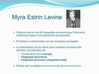 Myra Estrin Levine
 Publicaciones en los 60, desarrolla una teoría para Enfermería
médico/quirúrgico a los estudiantes principiantes.
 El holismo y conservación son los conceptos principales.
 La enfermera(o) ha de utilizar para mantener el holismo del
individuo, los principios de:
• Conservación de la energía.
• Integridad estructural.
• Integridad personal e integridad social.
 Refiere que la adaptación es la esencia de la conservación.
 