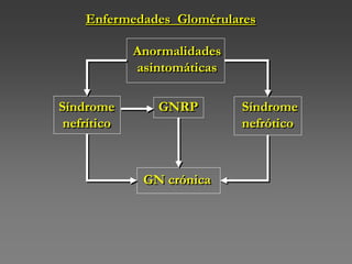 Enfermedades Glomérulares
Síndrome
nefrítico
GNRP Síndrome
nefrótico
GN crónica
Anormalidades
asintomáticas
 