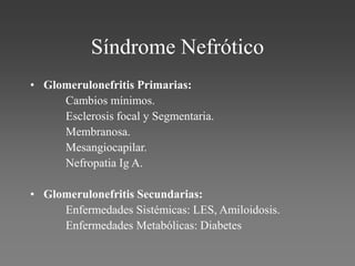 Síndrome Nefrótico
• Glomerulonefritis Primarias:
Cambios mínimos.
Esclerosis focal y Segmentaria.
Membranosa.
Mesangiocapilar.
Nefropatia Ig A.
• Glomerulonefritis Secundarias:
Enfermedades Sistémicas: LES, Amiloidosis.
Enfermedades Metabólicas: Diabetes
 