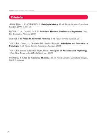24
Unidade: Sistemas circulatório, imune e respiratório
Referências
JUNQUEIRA, L. C.; CARNEIRO, J. Histologia básica. 11.ed. Rio de Janeiro: Guanabara
Koogan, 2008. p.339-58.
FATTINI, C. A., DANGELO, J. G. Anatomia Humana Sistêmica e Segmentar. 3.ed.
Rio de Janeiro: Atheneu, 2007.
NETTER, F. H. Atlas de Anatomia Humana. 5.ed. Rio de Janeiro: Elsevier, 2011.
TORTORA, Gerald J.; GRABOWSKI, Sandra Reynolds. Princípios de Anatomia e
Fisiologia. 9.ed. Rio de Janeiro: Guanabara Koogan, 2002.
TORTORA, Gerard J.; DERRICKSON, Bryan. Principles of Anatomy and Physiology.
12.ed. New Jersey: John Wiley & Sons, Inc., 2009.
SOBOTTA, J. Atlas de Anatomia Humana. 23.ed. Rio de Janeiro: Guanabara Koogan,
2013. 3 volumes.
 