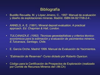 Bibliografía
• Bustillo Revuelta, M. y López Jimeno, C., 1997: Manual de evaluación
y diseño de explotaciones mineras. Madrid. ISBN 84-921708-2-4 .
• ANNELS, A. E. (1991). Mineral deposit evaluation. A practical
approach. Ed. Chapman & Hall, London.
• TULCANAZA,E. (1992). Técnicas geoestadísticas y criterios técnico-
económicos para la estimación y evaluación de yacimientos mineros..
E.Tulcanaza, Santiago, Chile.
• E. García Orche. Madrid 1999. Manual de Evaluación de Yacimientos.
• “Estimación de Reservas”- Curso dictado por Roberto Oyarzun.
• Código para la Certificación de Prospectos de Exploración (realizado
por Comité de Recursos Mineros del I.IM.Ch)
 