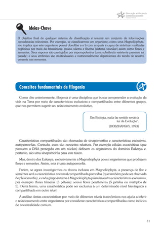 11
Ideias-Chave
O objetivo final de qualquer sistema de classificação é resumir um conjunto de informações
consideradas relevantes. Por exemplo, se classificarmos um organismo como uma Magnoliophyta,
isto implica que este organismo possui clorofilas a e b com as quais é capaz de sintetizar moléculas
orgânicas por meio da fotossíntese, possui xilema e floema (sistema vascular) assim como flores e
sementes. Seus esporos são protegidos por esporopolenina (uma substância resistente presente na
parede) e seus embriões são multicelulares e nutricionalmente dependentes do tecido de reserva
presente nas sementes.
Conceitos fundamentais de filogenia
Como dito anteriormente, filogenia é uma disciplina que busca compreender a evolução da
vida na Terra por meio de características exclusivas e compartilhadas entre diferentes grupos,
que nos permitem sugerir seu relacionamento evolutivo.
Em Biologia, nada faz sentido senão à
luz da Evolução”.
(DOBZHANSKY, 1973)
Características compartilhadas são chamadas de sinapomorfias e características exclusivas,
autapomorfias. Contudo, estes são conceitos relativos. Por exemplo células eucarióticas (que
possuem o DNA protegido em um núcleo) definem os organismos do domínio Eukarya e,
portanto, são uma sinapomorfia para este táxon.
Mas, dentro dos Eukarya, exclusivamente a Magnoliophyta possui organismos que produzem
flores e sementes. Assim, esta é uma autapomorfia.
Porém, se agora investigarmos os táxons inclusos em Magnoliophyta, a presença de flor e
sementes será a característica ancestral compartilhada por todos (que também pode ser chamada
de plesiomorfia), e cada grupo interno à Magnoliophyta possuirá outras características exclusivas,
por exemplo: flores trimeras (3 pétalas) versus flores pentâmeras (5 pétalas ou múltiplos de
5). Desta forma, uma característica pode ser exclusiva à um determinado nível hierárquico e
compartilhada em outro nível.
A análise destas características por meio de diferentes níveis taxonômicos nos ajuda a inferir
o relacionamento entre organismos por considerar características compartilhadas como indícios
de ancestralidade comum.
 