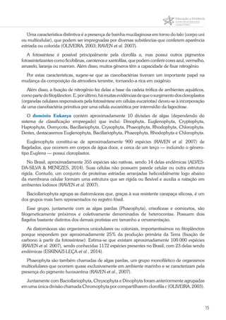 15
Uma característica distintiva é a presença de bainha mucilaginosa em torno do talo (corpo uni
ou multicelular), que podem ser impregnadas por diversas substâncias que conferem aparência
estriada ou colorida (OLIVEIRA, 2003; RAVEN et al. 2007).
A fotossíntese é possível principalmente pela clorofila a, mas possui outros pigmentos
fotossintetizantes como ficobilinas, carotenos e xantofilas, que podem conferir cores azul, vermelho,
amarelo, laranja ou marrom. Além disso, muitos gêneros têm a capacidade de fixar nitrogênio.
Por estas características, sugere-se que as cianobactérias tiveram um importante papel na
mudança da composição da atmosfera terrestre, tornando-a rica em oxigênio.
Além disso, a fixação de nitrogênio fez delas a base da cadeia trófica de ambientes aquáticos,
comopartedofitoplâncton.E,porúltimo,hámuitasevidênciasdequeosurgimentodoscloroplastos
(organelas celulares responsáveis pela fotossíntese em células eucariotas) deveu-se à incorporação
de uma cianobactéria primitiva por uma célula eucariótica por intermédio da fagocitose.
O domínio Eukarya contém aproximadamente 10 divisões de algas (dependendo do
sistema de classificação empregado) que inclui: Dinophyta, Euglenophyta, Cryptophyta,
Haptophyta, Oomycota, Bacillariophyta, Crysophyta, Phaeophyta, Rhodophyta, Chlorophyta.
Destes, destacaremos Euglenophyta, Bacillariophyta, Phaeophyta, Rhodophyta e Chlorophyta.
Euglenophyta constitui-se de aproximadamente 900 espécies (RAVEN et al. 2007) de
flagelados, que ocorrem em corpos de água doce, e cerca de um terço — incluindo o gênero-
tipo Euglena — possui cloroplastos.
No Brasil, aproximadamente 355 espécies são nativas, sendo 14 delas endêmicas (ALVES-
DA-SILVA & MENEZES, 2014). Suas células não possuem parede celular ou outra estrutura
rígida. Contudo, um conjunto de proteínas estriadas arranjadas helicoidalmente logo abaixo
da membrana celular formam uma estrutura que ser rígida ou flexível e auxilia a natação em
ambientes lodosos (RAVEN et al. 2007).
Baciollariophyta agrupa as diatomáceas que, graças à sua resistente carapaça silicosa, é um
dos grupos mais bem representados no registro fóssil.
Esse grupo, juntamente com as algas pardas (Phaeophyta), crisofíceas e oomicetos, são
filogeneticamente próximos e coletivamente denominados de heterocontas. Possuem dois
flagelos bastante distintos dos demais protistas em tamanho e ornamentação.
As diatomáceas são organismos unicelulares ou coloniais, importantíssimos no fitoplâncton
porque respondem por aproximadamente 25% da produção primária da Terra (fixação de
carbono à partir da fotossíntese). Estima-se que existam aproximadamente 100.000 espécies
(RAVEN et al. 2007), sendo conhecidas 1172 espécies presentes no Brasil, com 23 delas sendo
endêmicas (ESKINAZI-LEÇA et al., 2014).
Phaeophyta são também chamadas de algas pardas, um grupo monofilético de organismos
multicelulares que ocorrem quase exclusivamente em ambiente marinho e se caracterizam pela
presença do pigmento fucoxantina (RAVEN et al., 2007).
Juntamente com Baciollariophyta, Chrysophyta e Dinophyta foram anteriormente agrupadas
em uma única divisão chamada Chromophyta por compartilharem clorofila c (OLIVEIRA, 2003).
 