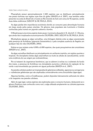16
Unidade: Origem e evolução das plantas
Phaeophyta possui aproximadamente 1.500 espécies que se distribuem principalmente
nas praias rochosas nas regiões mais frias do globo (RAVEN et al. 2007), mas também estão
presentes na costa do Brasil (do o Ceará ao Rio Grande do Sul) com cerca de 95 espécies, sendo
duas delas endêmicas (SZECHY & DE PAULA, 2014).
As algas pardas têm importância econômica devido ao consumo para alimentação humana
em larga escala pelos países orientais. Os gêneros mais populares são Laminaria e Undaria
conhecidas pelos nomes em japonês wakame e kombu.
O Brasil possui uma única espécie deste grupo: Laminaria abyssalis A. B. Joly & E. C. Oliveira,
que ainda não é explorada economicamente (OLIVEIRA, 2003; SZECHY & DE PAULA, 2014).
Rhodophyta agrupa as algas vermelhas, uma linhagem distinta entre as algas caracterizada
pela presença de ficobilinas (pigmento fotossintético) e pela completa ausência de flagelos em
qualquer fase de vida (OLIVEIRA, 2003).
Estima-se que existam entre 4.000 e 6.000 espécies, das quais pouquíssimos são unicelulares
(RAVEN et al., 2007).
As algas vermelhas distribuem-se principalmente em ambiente marinho, em regiões quentes e
tropicais. Os cloroplastos destas algas assemelham-se muito às células de cianobactérias, sendo
uma evidência de sua origem por endossimbiose.
Por se tratarem de organismos bentônicos, que se aderem à rochas ou o substrato do fundo
dos mares, a presença de ficobilinas nos cloroplastos aumenta a eficiência de captação de luz
verde e azul-esverdeada que penetra em águas profundas (RAVEN et al., 2007).
Asparedescelularespodemserimpregnadasdegalactanassulfatadas,agaranasoucarragenana
— substâncias gelatinosas que são exploradas comercialmente como ficocolóides (ágar-ágar).
Algumas famílias, como a Corallinaceae, podem depositar intensamente carbonato de cálcio
e de magnésio nas paredes celulares.
Além do agar ágar, outras espécies são exploradas para o consumo humano, destacando-se o
gênero Porphyra mais conhecido como nori, a alga utilizada amplamente na culinária japonesa
(OLIVEIRA, 2003).
 