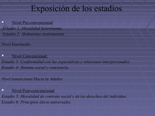 Exposición de los estadios
 Nivel Pre-convencional
Estadio 1: Moralidad heterónoma.
Estadio 2: Hedonismo instrumental.
Nivel Intermedio
 Nivel Convencional:
Estadio 3: Conformidad con las expectativas y relaciones interpersonales.
Estadio 4: Sistema social y conciencia.
Nivel transicional Hacia la Adultes
 Nivel Post-convencional
Estadio 5: Moralidad de contrato social y de los derechos del individuo.
Estadio 6: Principios éticos universales.
 