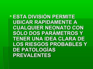  ESTA DIVISIÓN PERMITE
UBICAR RAPIDAMENTE A
CUALQUIER NEONATO CON
SÓLO DOS PARÁMETROS Y
TENER UNA IDEA CLARA DE
LOS RIESGOS PROBABLES Y
DE PATOLOGÍAS
PREVALENTES

 