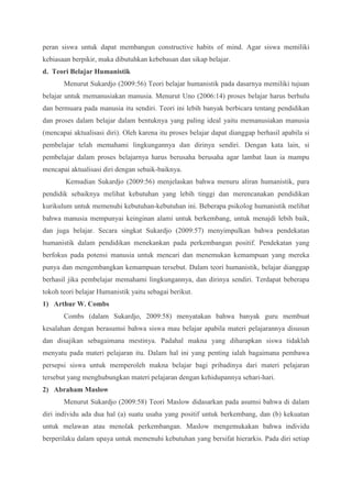 peran siswa untuk dapat membangun constructive habits of mind. Agar siswa memiliki 
kebiasaan berpikir, maka dibutuhkan kebebasan dan sikap belajar. 
d. Teori Belajar Humanistik 
Menurut Sukardjo (2009:56) Teori belajar humanistik pada dasarnya memiliki tujuan 
belajar untuk memanusiakan manusia. Menurut Uno (2006:14) proses belajar harus berhulu 
dan bermuara pada manusia itu sendiri. Teori ini lebih banyak berbicara tentang pendidikan 
dan proses dalam belajar dalam bentuknya yang paling ideal yaitu memanusiakan manusia 
(mencapai aktualisasi diri). Oleh karena itu proses belajar dapat dianggap berhasil apabila si 
pembelajar telah memahami lingkungannya dan dirinya sendiri. Dengan kata lain, si 
pembelajar dalam proses belajarnya harus berusaha berusaha agar lambat laun ia mampu 
mencapai aktualisasi diri dengan sebaik-baiknya. 
Kemudian Sukardjo (2009:56) menjelaskan bahwa menuru aliran humanistik, para 
pendidik sebaiknya melihat kebutuhan yang lebih tinggi dan merencanakan pendidikan 
kurikulum untuk memenuhi kebutuhan-kebutuhan ini. Beberapa psikolog humanistik melihat 
bahwa manusia mempunyai keinginan alami untuk berkembang, untuk menajdi lebih baik, 
dan juga belajar. Secara singkat Sukardjo (2009:57) menyimpulkan bahwa pendekatan 
humanistik dalam pendidikan menekankan pada perkembangan positif. Pendekatan yang 
berfokus pada potensi manusia untuk mencari dan menemukan kemampuan yang mereka 
punya dan mengembangkan kemampuan tersebut. Dalam teori humanistik, belajar dianggap 
berhasil jika pembelajar memahami lingkungannya, dan dirinya sendiri. Terdapat beberapa 
tokoh teori belajar Humanistik yaitu sebagai berikut. 
1) Arthur W. Combs 
Combs (dalam Sukardjo, 2009:58) menyatakan bahwa banyak guru membuat 
kesalahan dengan berasumsi bahwa siswa mau belajar apabila materi pelajarannya disusun 
dan disajikan sebagaimana mestinya. Padahal makna yang diharapkan siswa tidaklah 
menyatu pada materi pelajaran itu. Dalam hal ini yang penting ialah bagaimana pembawa 
persepsi siswa untuk memperoleh makna belajar bagi pribadinya dari materi pelajaran 
tersebut yang menghubungkan materi pelajaran dengan kehidupannya sehari-hari. 
2) Abraham Maslow 
Menurut Sukardjo (2009:58) Teori Maslow didasarkan pada asumsi bahwa di dalam 
diri individu ada dua hal (a) suatu usaha yang positif untuk berkembang, dan (b) kekuatan 
untuk melawan atau menolak perkembangan. Maslow mengemukakan bahwa individu 
berperilaku dalam upaya untuk memenuhi kebutuhan yang bersifat hierarkis. Pada diri setiap 
 