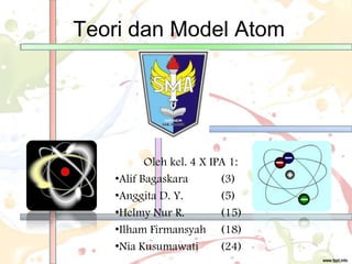 Teori dan Model Atom
Oleh kel. 4 X IPA 1:
•Alif Bagaskara (3)
•Anggita D. Y. (5)
•Helmy Nur R. (15)
•Ilham Firmansyah (18)
•Nia Kusumawati (24)
 