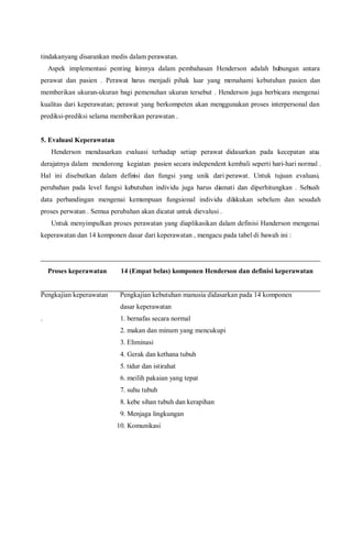 tindakanyang disarankan medis dalam perawatan.
Aspek implementasi penting lainnya dalam pembahasan Henderson adalah hubungan antara
perawat dan pasien . Perawat harus menjadi pihak luar yang memahami kebutuhan pasien dan
memberikan ukuran-ukuran bagi pemenuhan ukuran tersebut . Henderson juga berbicara mengenai
kualitas dari keperawatan; perawat yang berkompeten akan menggunakan proses interpersonal dan
prediksi-prediksi selama memberikan perawatan .
5. Evaluasi Keperawatan
Henderson mendasarkan evaluasi terhadap setiap perawat didasarkan pada kecepatan atau
derajatnya dalam mendorong kegiatan pasien secara independent kembali seperti hari-hari normal .
Hal ini disebutkan dalam definisi dan fungsi yang unik dari perawat. Untuk tujuan evaluasi,
perubahan pada level fungsi kebutuhan individu juga harus diamati dan diperhitungkan . Sebuah
data perbandingan mengenai kemampuan fungsional individu dilakukan sebelum dan sesudah
proses perwatan . Semua perubahan akan dicatat untuk dievalusi .
Untuk menyimpulkan proses perawatan yang diaplikasikan dalam definisi Handerson mengenai
keperawatan dan 14 komponen dasar dari keperawatan , mengacu pada tabel di bawah ini :
Proses keperawatan 14 (Empat belas) komponen Henderson dan definisi keperawatan
Pengkajian keperawatan Pengkajian kebutuhan manusia didasarkan pada 14 komponen
dasar keperawatan
. 1. bernafas secara normal
2. makan dan minum yang mencukupi
3. Eliminasi
4. Gerak dan kethana tubuh
5. tidur dan istirahat
6. meilih pakaian yang tepat
7. suhu tubuh
8. kebe sihan tubuh dan kerapihan
9. Menjaga lingkungan
10. Komunikasi
 