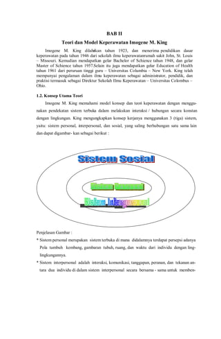 BAB II
Teori dan Model Keperawatan Imogene M. King
Imogene M. King dilahirkan tahun 1923, dan menerima pendidikan dasar
keperawatan pada tahun 1946 dari sekolah ilmu keperawatanrumah sakit John, St. Louis
– Missouri. Kemudian mendapatkan gelar Bachelor of Schience tahun 1948, dan gelar
Master of Schience tahun 1957.Selain itu juga mendapatkan gelar Education of Health
tahun 1961 dari peruruan tinggi guru – Universitas Columbia – New York. King telah
mempunyai pengalaman dalam ilmu keperawatan sebagai administrator, pendidik, dan
praktisi termasuk sebagai Direktur Sekolah Ilmu Keperawatan – Universitas Colombus –
Ohio.
1.2. Konsep Utama Teori
Imogene M. King memahami model konsep dan teori keperawatan dengan menggu-
nakan pendekatan sistem terbuka dalam melakukan interaksi / hubungan secara konstan
dengan lingkungan. King mengungkapkan konsep kerjanya menggunakan 3 (tiga) sistem,
yaitu: sistem personal, interpersonal, dan sosial, yang saling berhubungan satu sama lain
dan dapat digambar- kan sebagai berikut :
Penjelasan Gambar :
* Sistem personal merupakan sistem terbuka di mana didalamnya terdapat persepsi adanya
Pola tumbuh kembang, gambaran tubuh, ruang, dan waktu dari individu dengan ling-
lingkungannya.
* Sistem interpersonal adalah interaksi, komunikasi, tanggapan, peranan, dan tekanan an-
tara dua individu di dalam sistem interpersonal secara bersama - sama untuk memben-
 