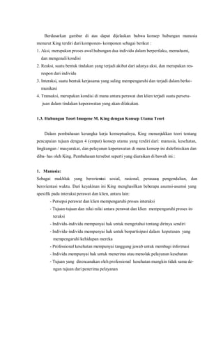 Berdasarkan gambar di atas dapat dijelaskan bahwa konsep hubungan manusia
menurut King terdiri dari komponen- komponen sebagai berikut :
1. Aksi, merupakan proses awal hubungan dua individu dalam berperilaku, memahami,
dan mengenali kondisi
2. Reaksi, suatu bentuk tindakan yang terjadi akibat dari adanya aksi, dan merupakan res-
respon dari individu
3. Interaksi, suatu bentuk kerjasama yang saling mempengaruhi dan terjadi dalam berko-
munikasi
4. Transaksi, merupakan kondisi di mana antara perawat dan klien terjadi suatu persetu-
juan dalam tindakan keperawatan yang akan dilakukan.
1.3. Hubungan Teori Imogene M. King dengan Konsep Utama Teori
Dalam pembahasan kerangka kerja konseptualnya, King menunjukkan teori tentang
pencapaian tujuan dengan 4 (empat) konsep utama yang terdiri dari: manusia, kesehatan,
lingkungan / masyarakat, dan pelayanan keperawatan di mana konsep ini didefinisikan dan
diba- has oleh King. Pembahasan tersebut seperti yang diuraikan di bawah ini :
1. Manusia:
Sebagai makhluk yang berorientasi sosial, rasional, perasaan, pengendalian, dan
berorientasi waktu. Dari keyakinan ini King menghasilkan beberapa asumsi-asumsi yang
spesifik pada interaksi perawat dan klien, antara lain:
- Persepsi perawat dan klien mempengaruhi proses interaksi
- Tujuan-tujuan dan nilai-nilai antara perawat dan klien mempengaruhi proses in-
teraksi
- Individu-individu mempunyai hak untuk mengetahui tentang dirinya sendiri
- Individu-individu mempunyai hak untuk berpartisipasi dalam keputusan yang
mempengaruhi kehidupan mereka
- Professional kesehatan mempunyai tanggung jawab untuk membagi informasi
- Individu mempunyai hak untuk menerima atau menolak pelayanan kesehatan
- Tujuan yang direncanakan oleh professional kesehatan mungkin tidak sama de-
ngan tujuan dari penerima pelayanan
 