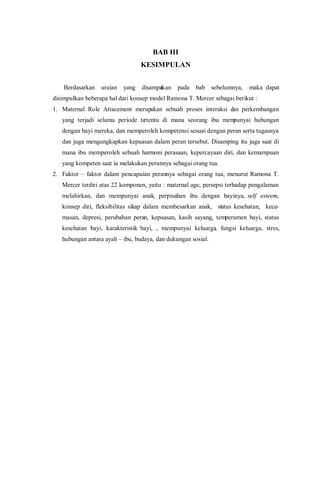 BAB III
KESIMPULAN
Berdasarkan uraian yang disampaikan pada bab sebelumnya, maka dapat
disimpulkan beberapa hal dari konsep model Ramona T. Mercer sebagai berikut :
1. Maternal Role Attacement merupakan sebuah proses interaksi dan perkembangan
yang terjadi selama periode tertentu di mana seorang ibu mempunyai hubungan
dengan bayi mereka, dan memperoleh kompetensi sesuai dengan peran serta tugasnya
dan juga mengungkapkan kepuasan dalam peran tersebut. Disamping itu juga saat di
mana ibu memperoleh sebuah harmoni perasaan, kepercayaan diri, dan kemampuan
yang kompeten saat ia melakukan perannya sebagai orang tua.
2. Faktor – faktor dalam pencapaian perannya sebagai orang tua, menurut Ramona T.
Mercer terdiri atas 22 komponen, yaitu : maternal age, persepsi terhadap pengalaman
melahirkan, dan mempunyai anak, perpisahan ibu dengan bayinya, self esteem,
konsep diri, fleksibilitas sikap dalam membesarkan anak, status kesehatan, kece-
masan, depresi, perubahan peran, kepuasan, kasih sayang, temperamen bayi, status
kesehatan bayi, karakteristik bayi, , mempunyai keluarga, fungsi keluarga, stres,
hubungan antara ayah – ibu, budaya, dan dukungan sosial.
 