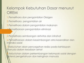 Kelompok Kebutuhan Dasar menurut
OREM
1.Pemelihara dan pengambilan Oksigen
2.Pemelihara pengambilan air
3.Pemelihara dalam pengambilan makanan
4.Pemeliharaan pengambilan eliminasi
5.Pemelihara seimbangan aktivitas dan istirahat
6.Pemeliharaan dalam keseimbangan atra kesendirian dan
interaksi sosial
7.Kebutuhan akan pencegahan resiko pada kehidupan
manusia dalam keadaan sehat
8.Kebutuhan dalam perkembangan kelompok sosial dengan
potensi pengetahuan dan keinginan manusia
 